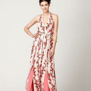 Pink Floral Cherry Blossom Satin Maxi Dress Sz S